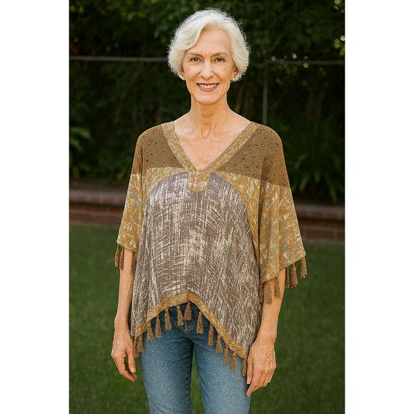 Nicholas K Sheer Printed Poncho Size XS | Neutral Tassel Boho Festival Cover Up - Picture 1 of 11